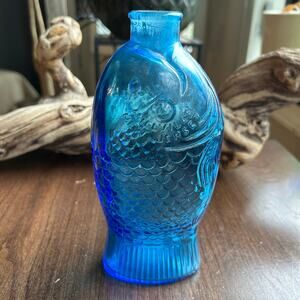 Vintage Wheaton Blue Glass Fish Bottle Dr. Fisch's Bitters 7.5" Made in USA